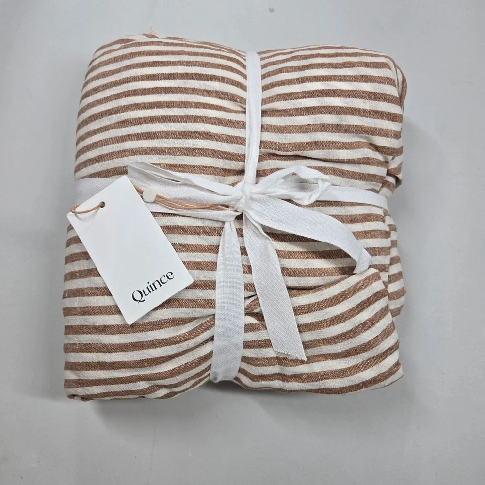 NWT QUINCE European Linen Fitted Sheet Set Full Terracotta Stripe 1006 - Picture 3 of 6